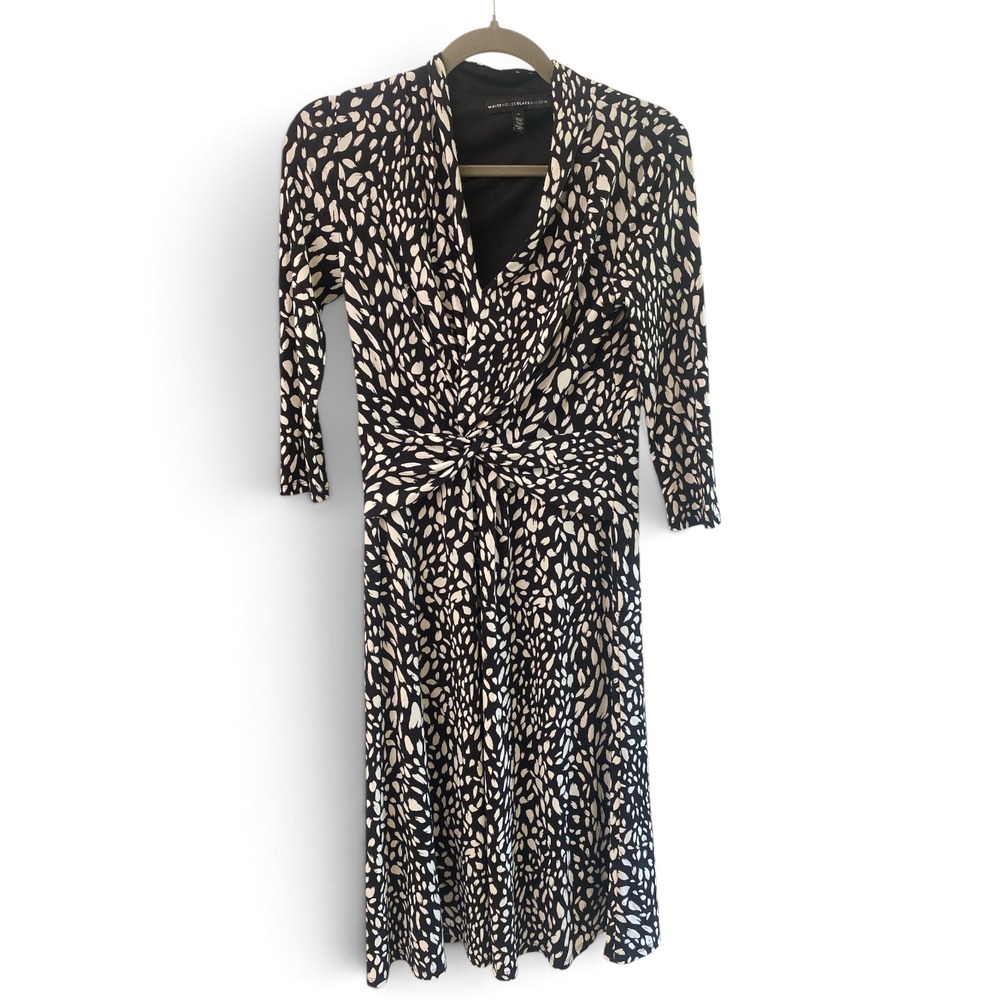 White House Black Market Black White Abstract Knot Front Wrap Dress Size 2